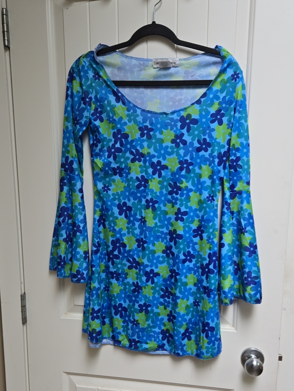 Halloween Scoop Neck Floral Tunic Dress in Blue and Green XS